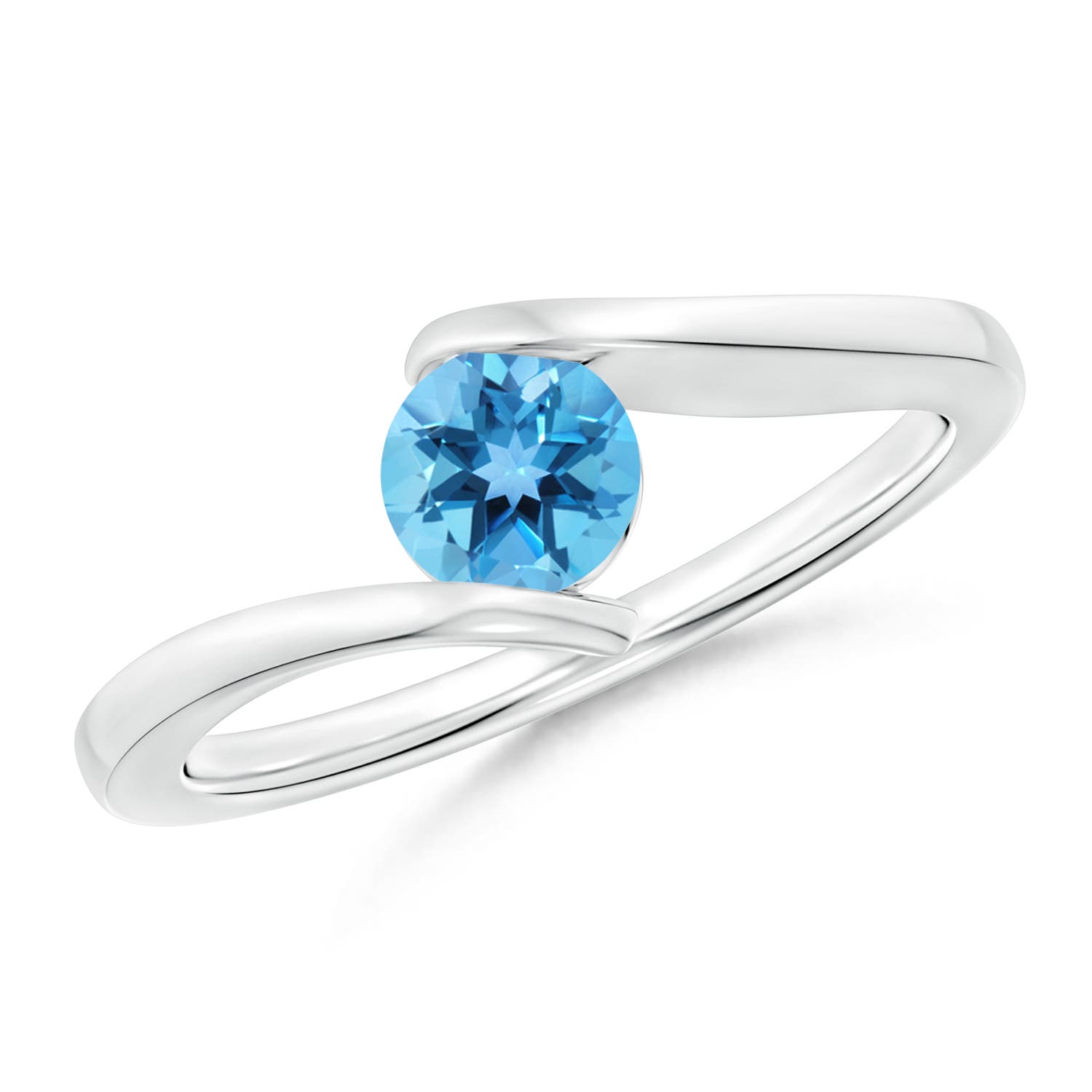 Angara 0.6 Carat Bar-Set Solitaire Round Swiss Blue Topaz Bypass Ring in Platinum