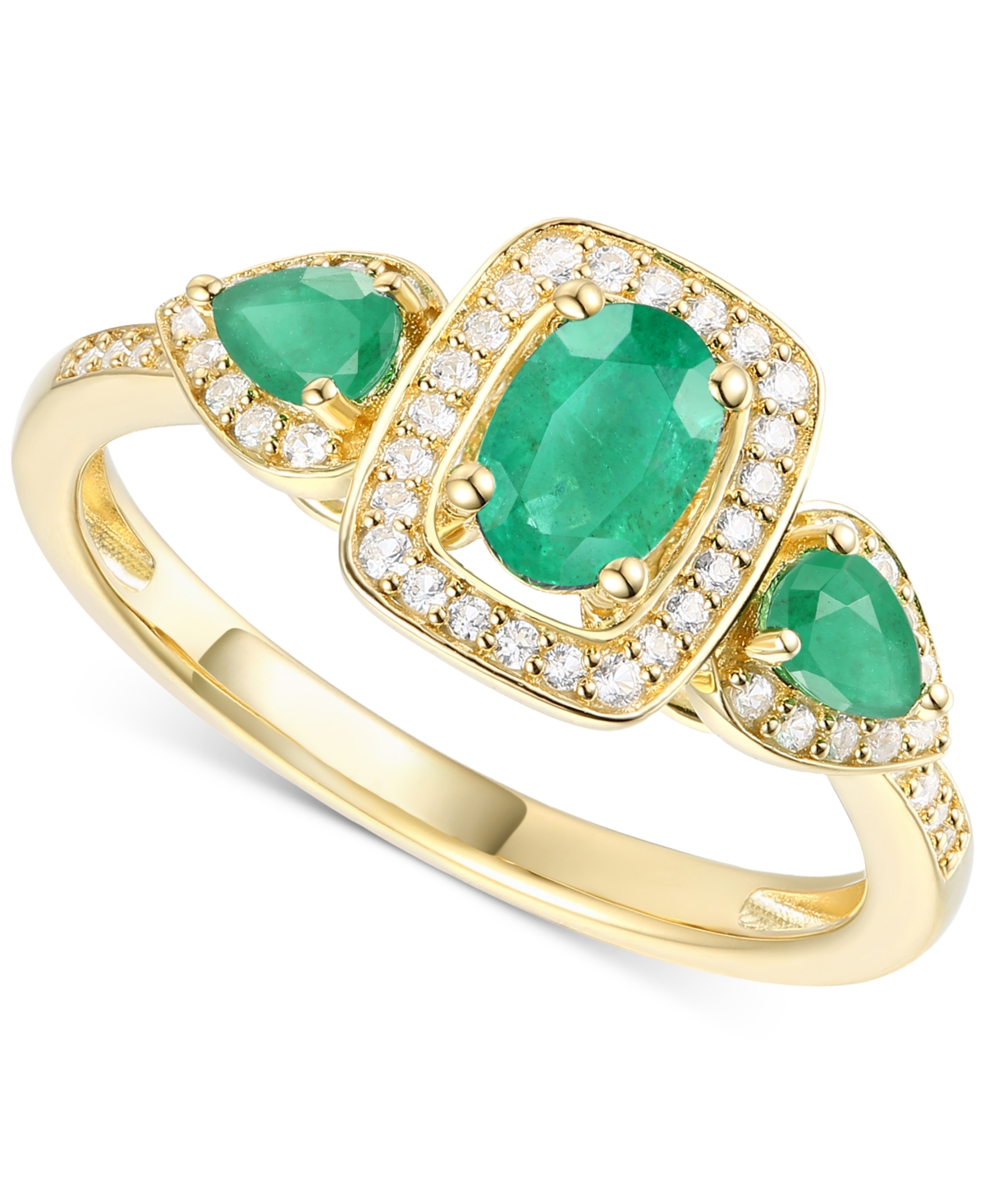 Emerald (3/4 ct. t.w.) & Diamond (1/5 ct. t.w.) Three Stone Halo Ring in 14k Gold - Emerald