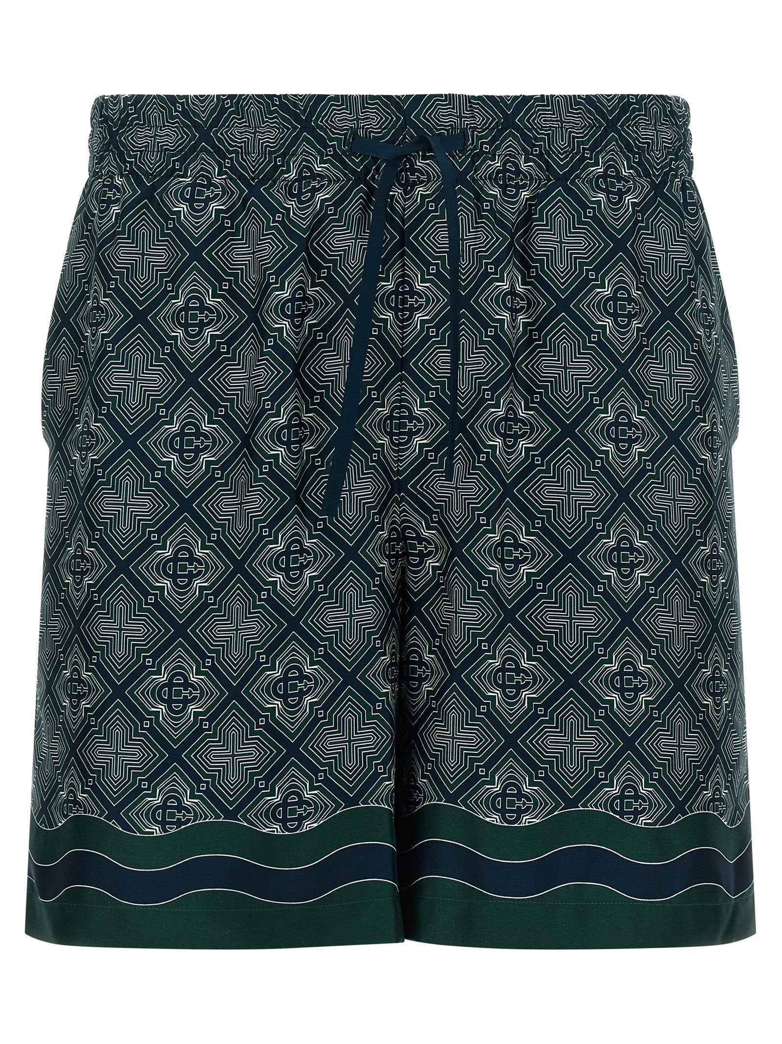 Monogram-Print Silk Bermuda Shorts — Navy