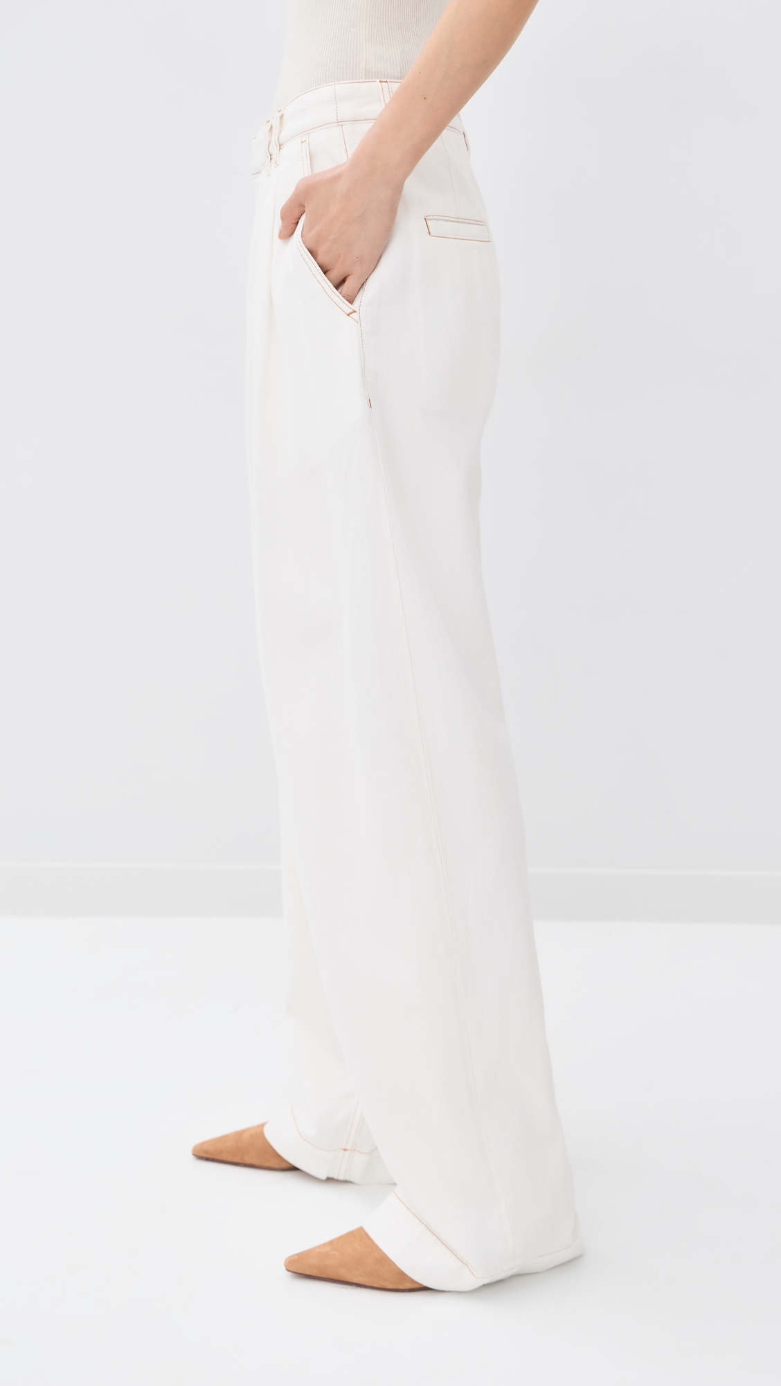 France Pleat Jeans Washed White