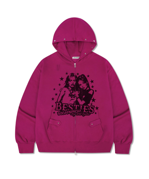 Bestie ESCF Print Star Rivet Point Fleece Two-Way Hoodie Zip-Up