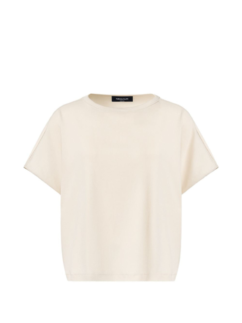 Ribbed Jersey T-Shirt With Knit Detail On Shoulder White Cotton Elastane - Women