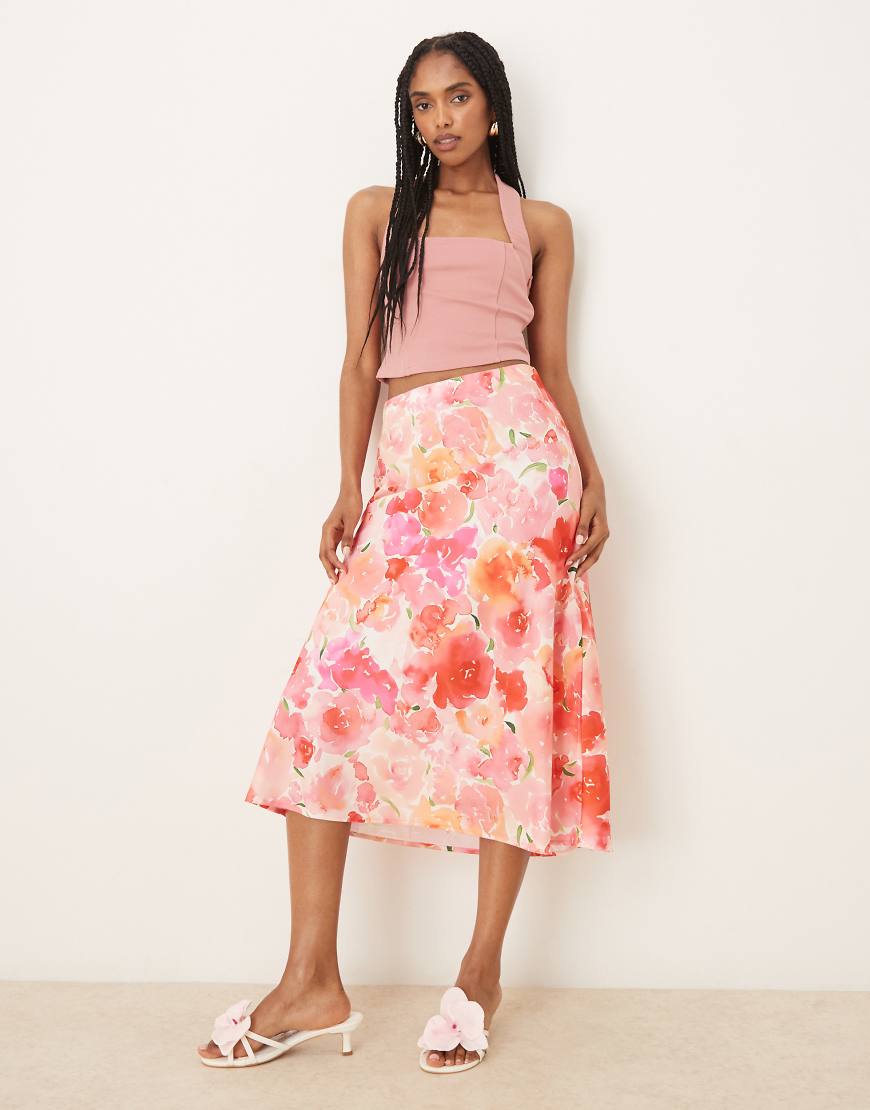 Satin midi skirt in pink watercolour floral print-Multi