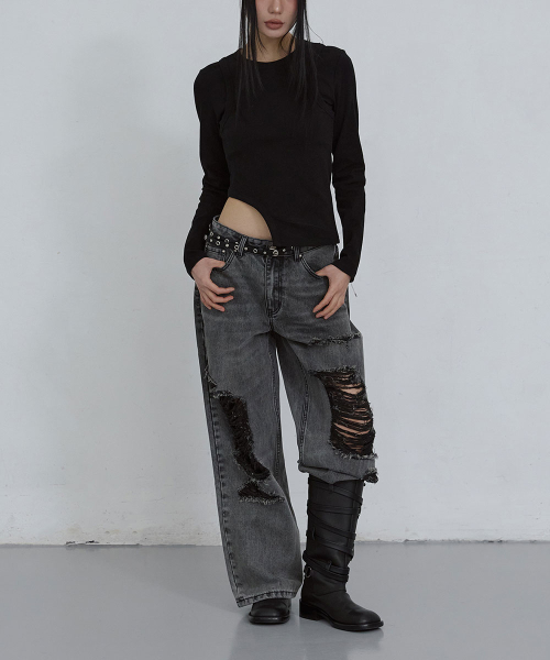 DAMAGED WIDE-LEG DENIM JEANS_ WASHED GREY