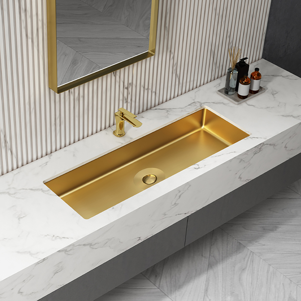 1060mm Bathroom Basin Undermount Rectangular Stainless Steel with Drain Brushed Gold