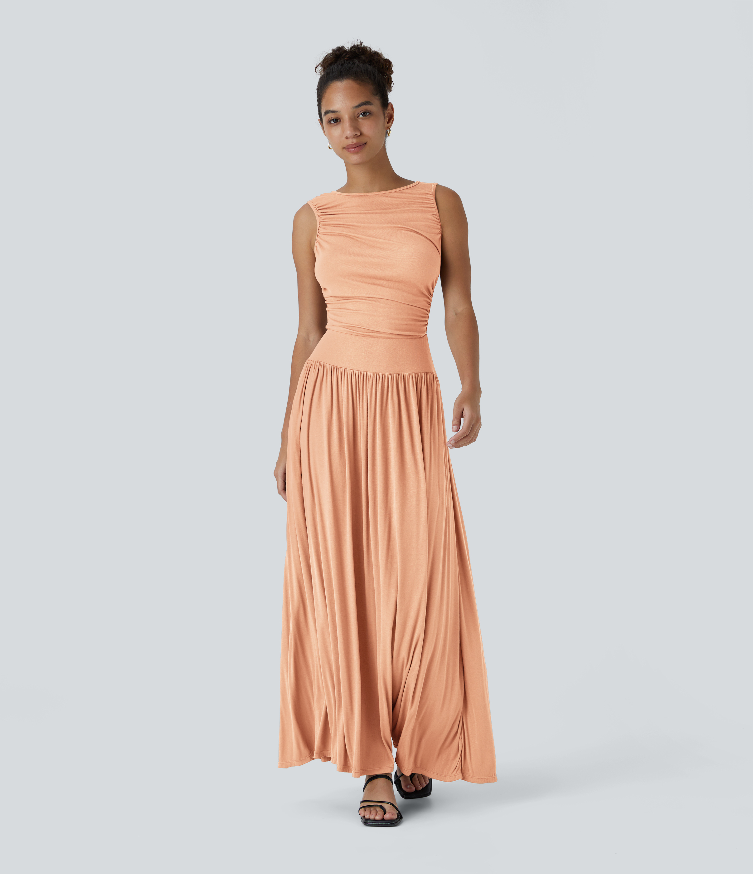 Ribbed Boat Neck Asymmetric Strap Ruched Pocket Flowy Maxi Casual Dress Casual Dress - Sunset Orange