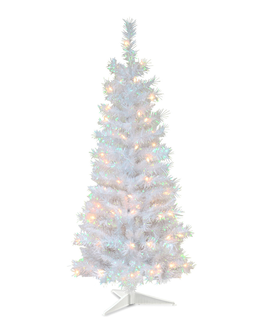 National Tree 4ft White Iridescent Tinsel Tree w/ Plastic Stand & 70 Clear Lights