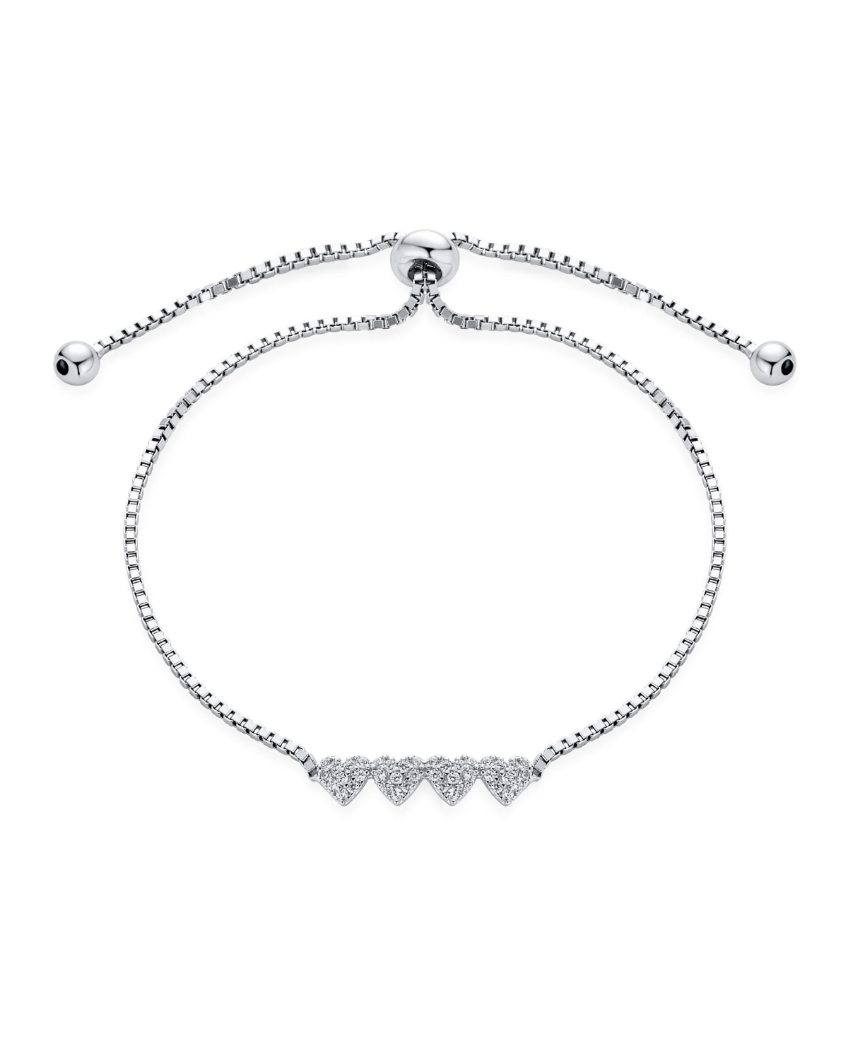 Dainty Petite Cubic Zirconia Micro Pave Cz Four Tiny Hearts Slide Bolo Bracelet For Women Sterling Silver Adjustable Sliding Ball Clasp