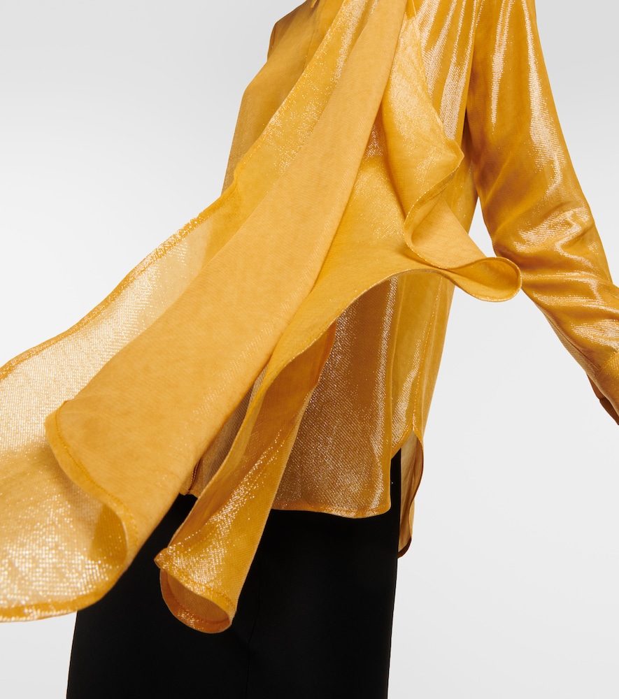 Draped tie-neck lamé blouse