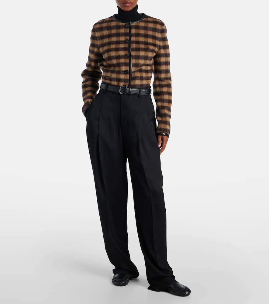 Checked leather-trimmed wool-blend jacket