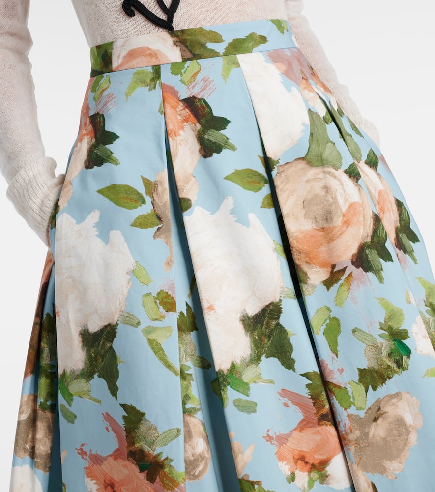 Floral pleated cotton midi skirt