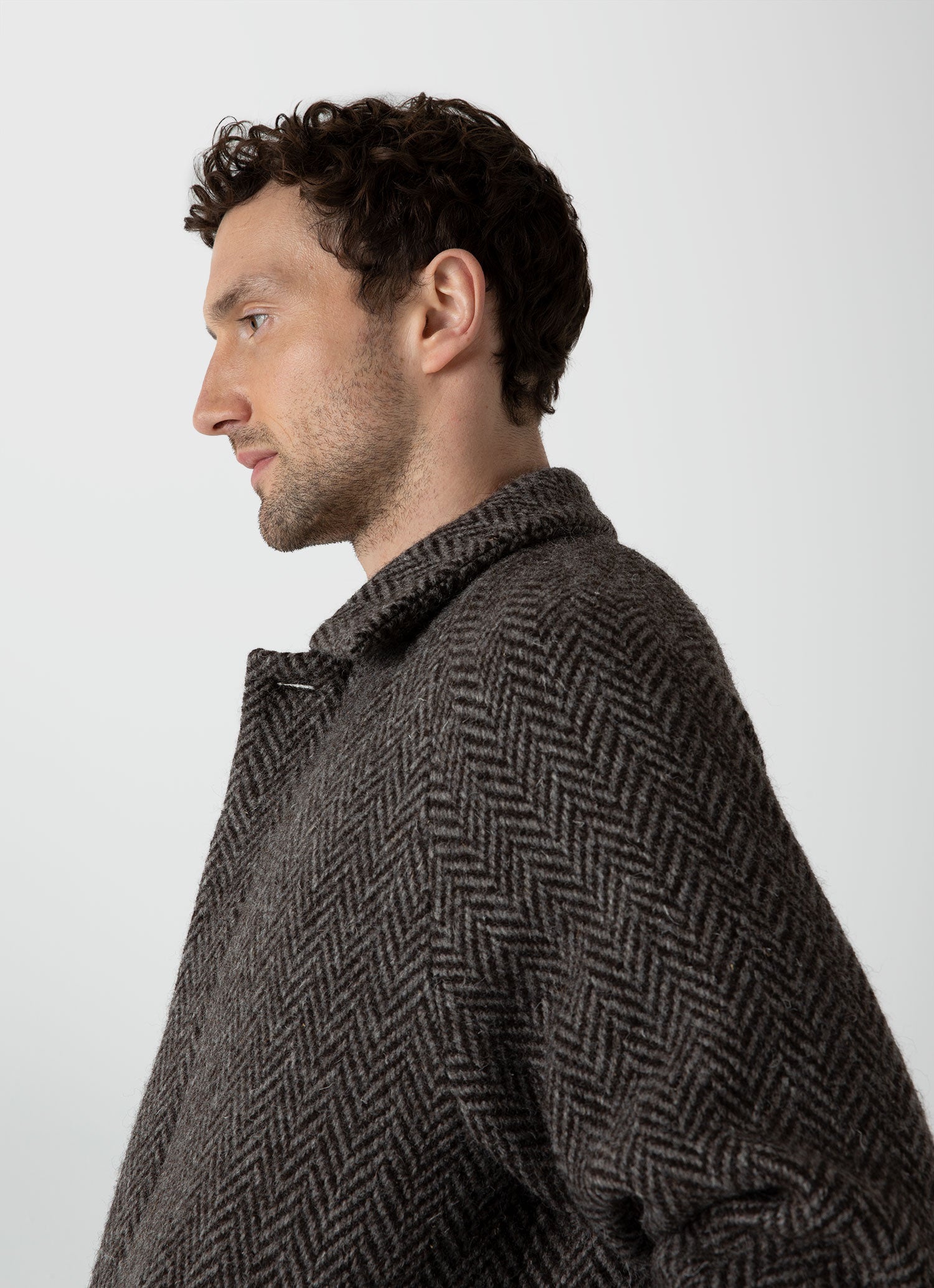 Men's British Wool Car Coat in Brown Herringbone 100% British Wool Fully Lined Regular Fit Mid Length Button Fastening