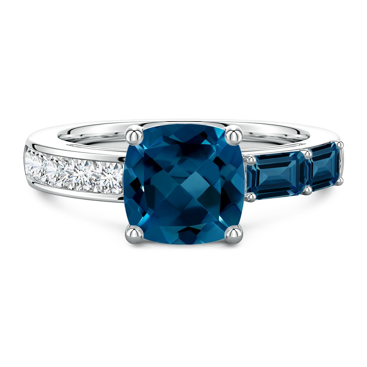 Lee Harris x Angara 3.49 CTW Cushion London Blue Topaz Modern Art Deco Inspired Side Stone Ring in Platinum