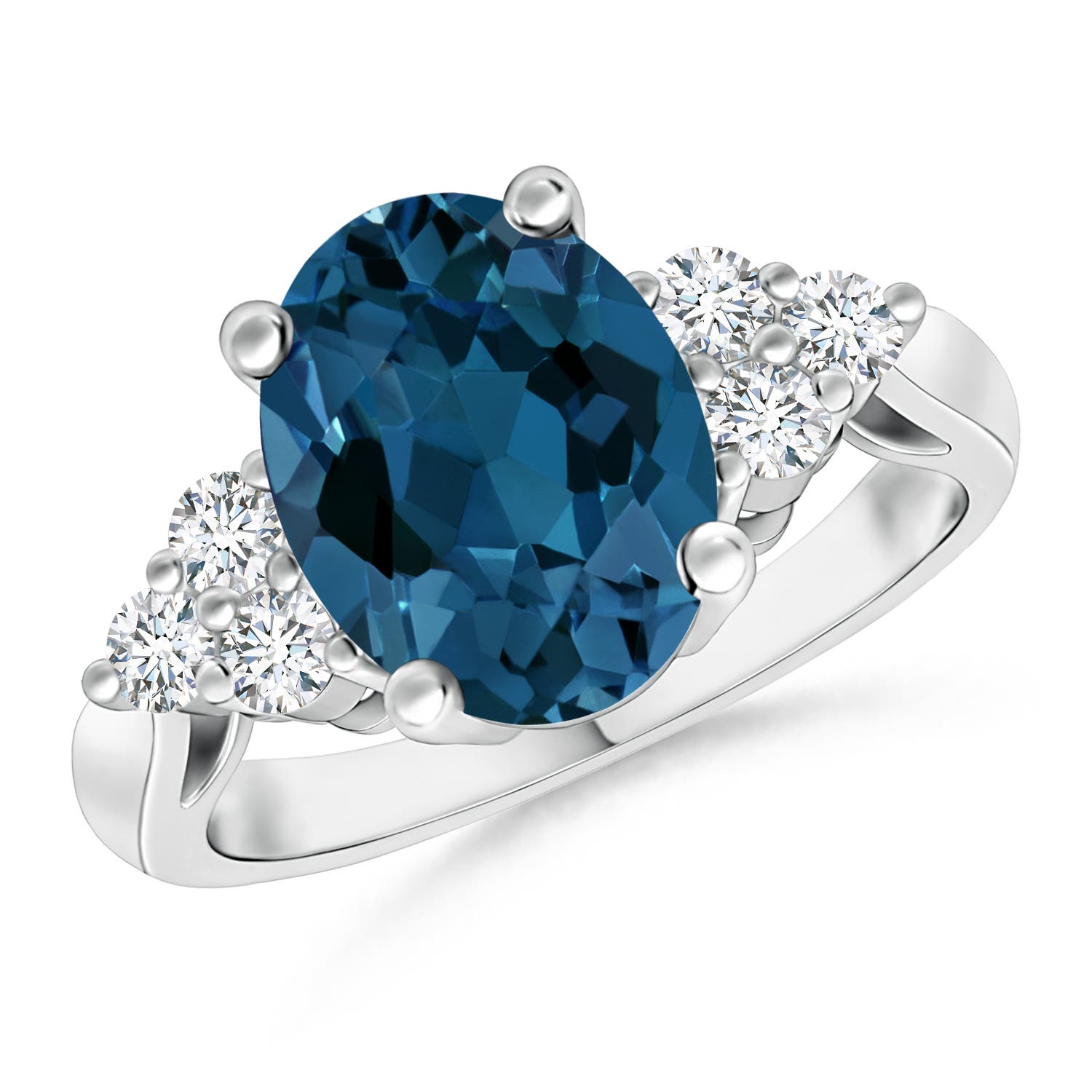 Angara 3.25 Carats Oval London Blue Topaz Cocktail Ring with Trio Diamonds in Platinum