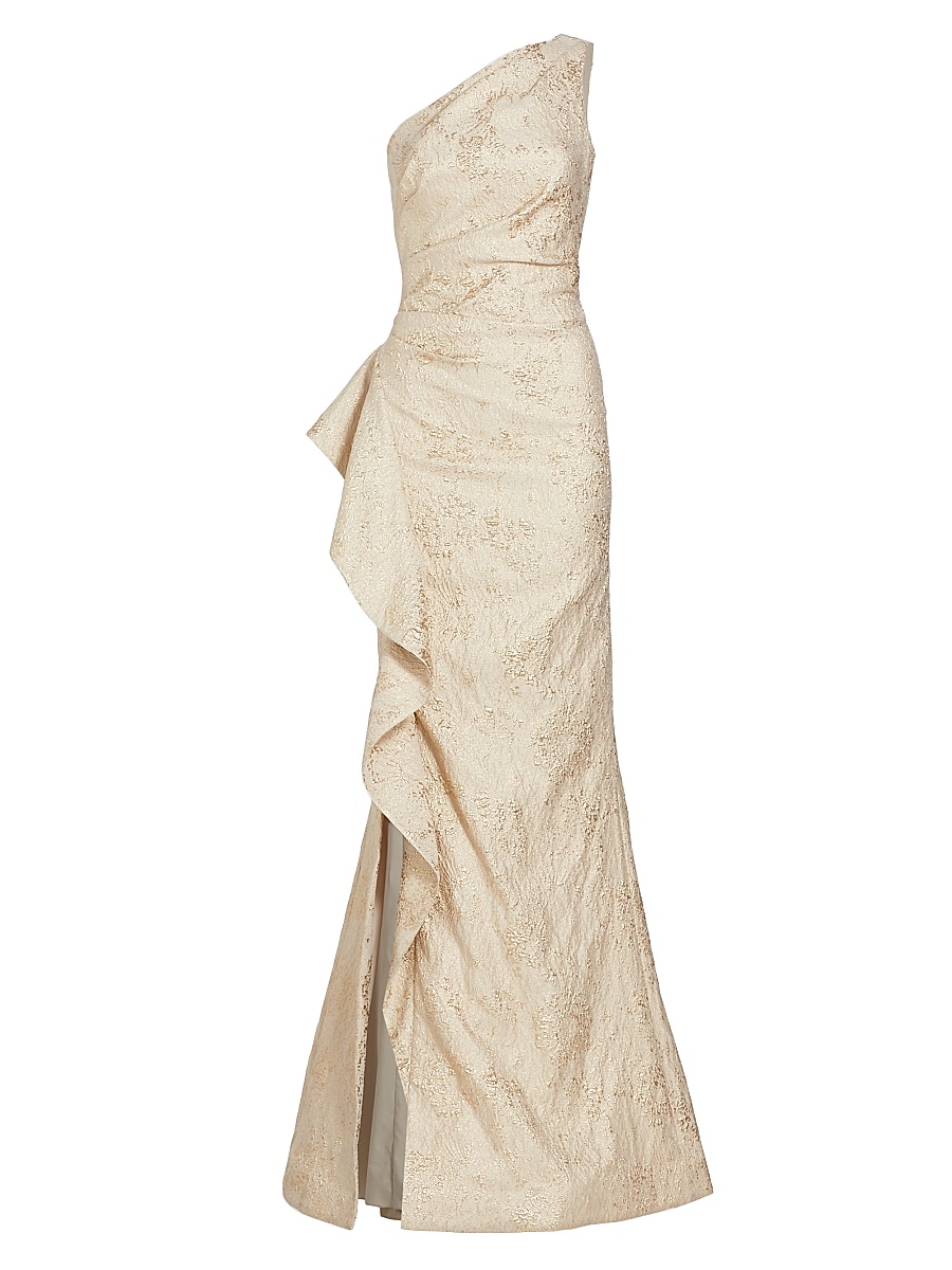 Women's Metallic Jacquard One-Shoulder Gown - Gold