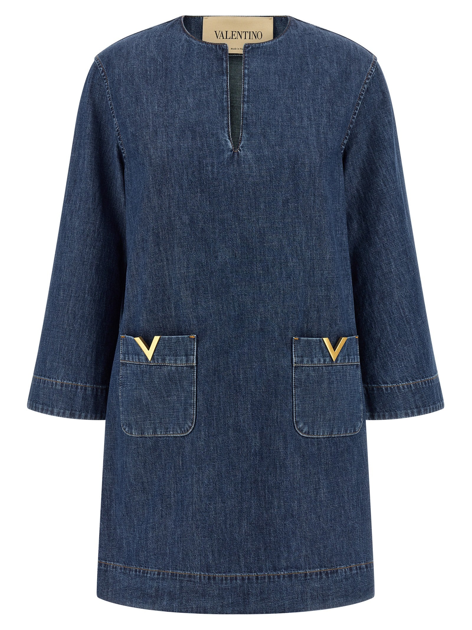 Denim with V-Logo Pockets Dress — Blue