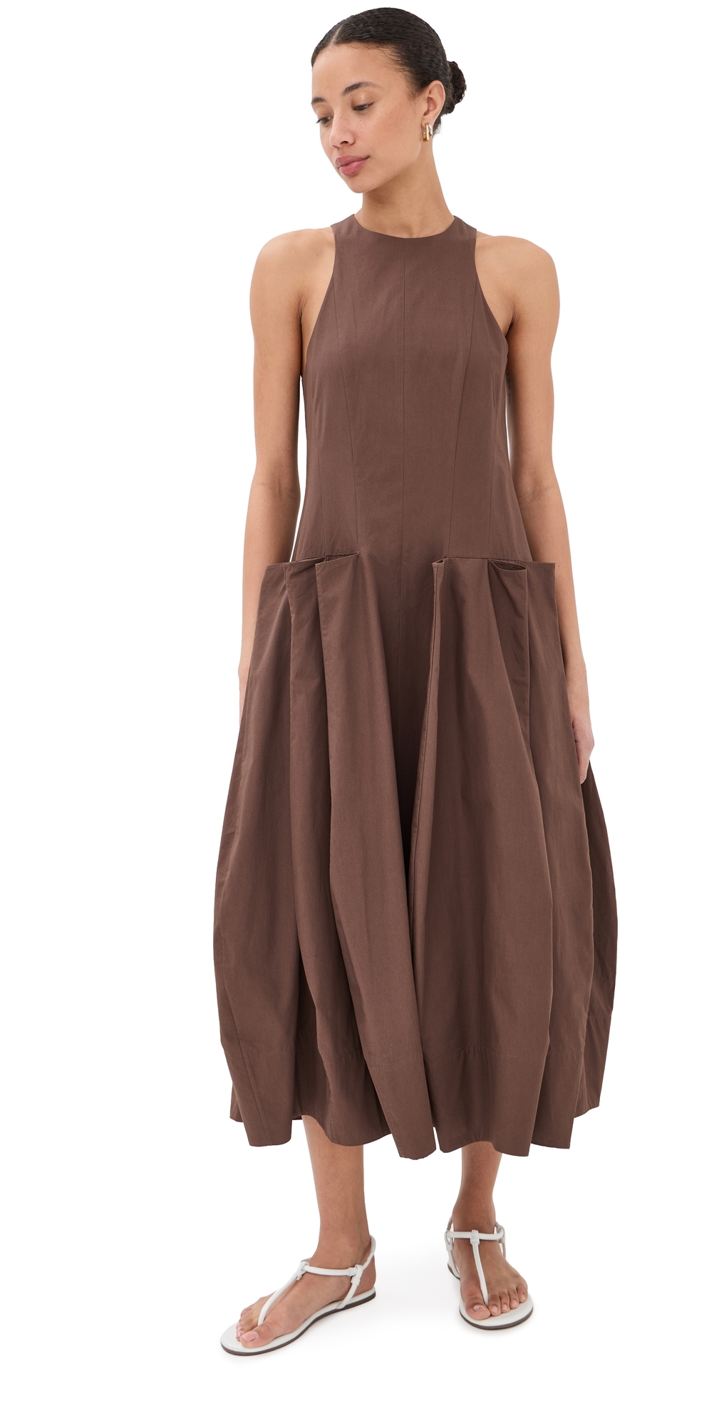 Compact Poplin Pinched Pleat Dress Sepia Brown