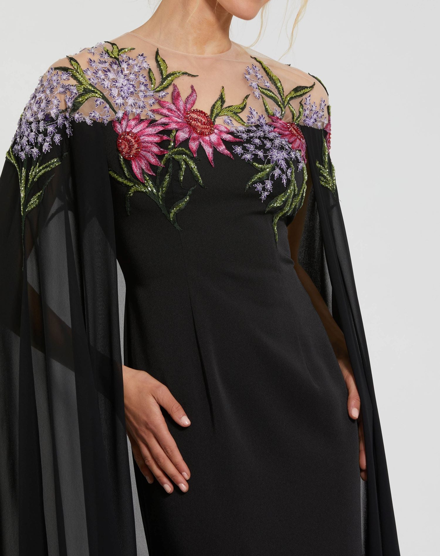 Black Sheer Cape Wedding Guest Maxi Gown with Beaded Embroidery
