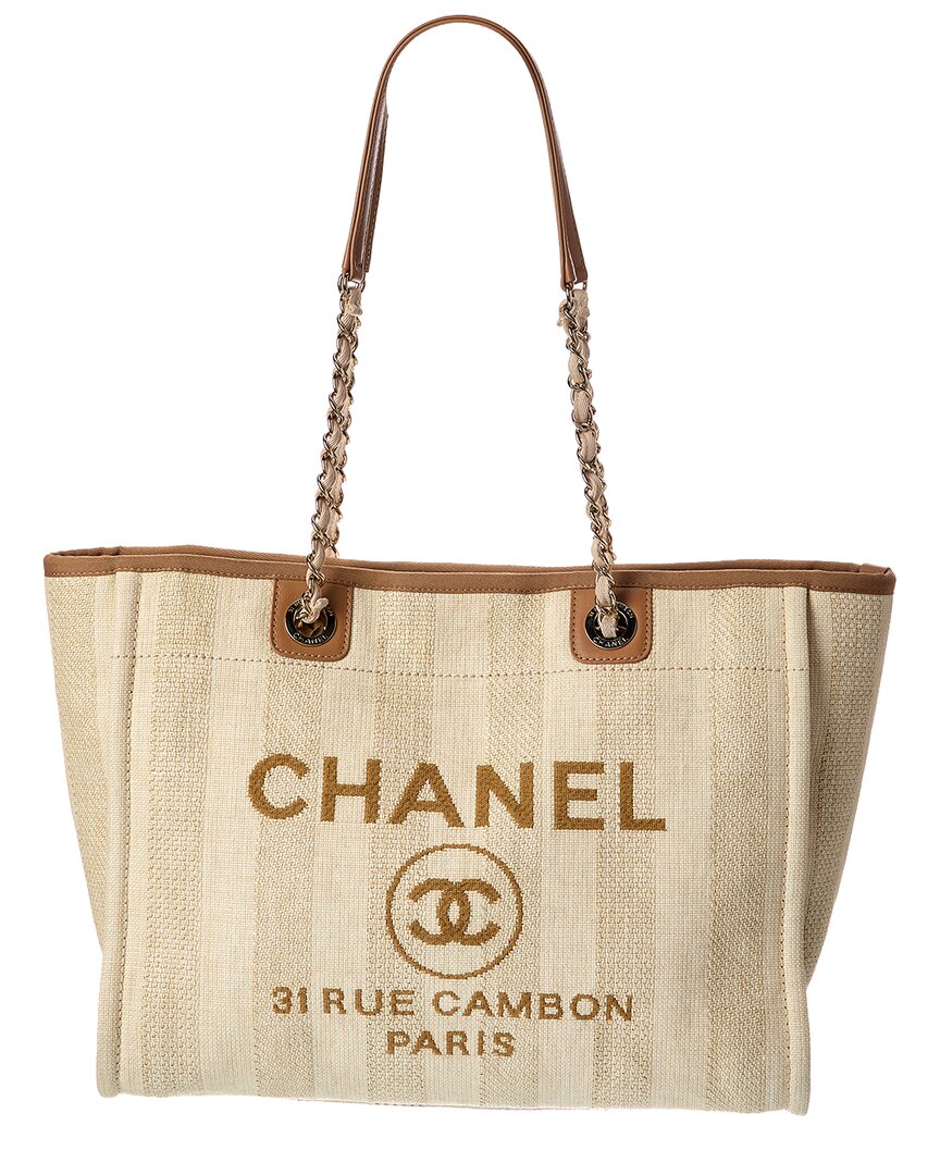 Beige Mixed Fibers & Calfskin Striped Small Deauville Tote (Authentic  Pre-Loved)