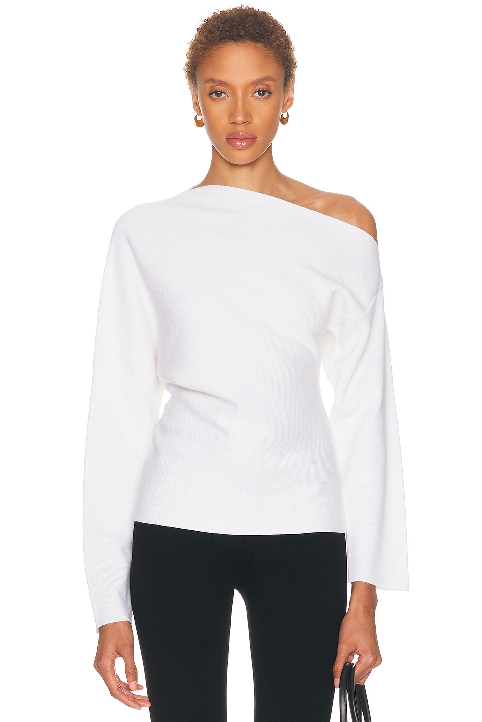 EAVES Rachelle Draped Knit Top in White. L. Also in M, S, XL