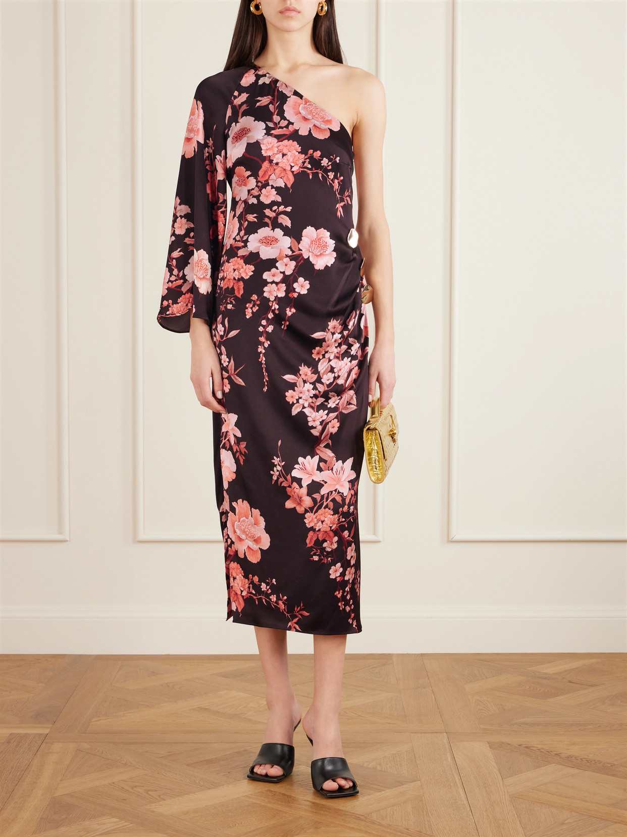 Atlantis One-sleeve Embellished Printed Satin Midi Dress - Purple
