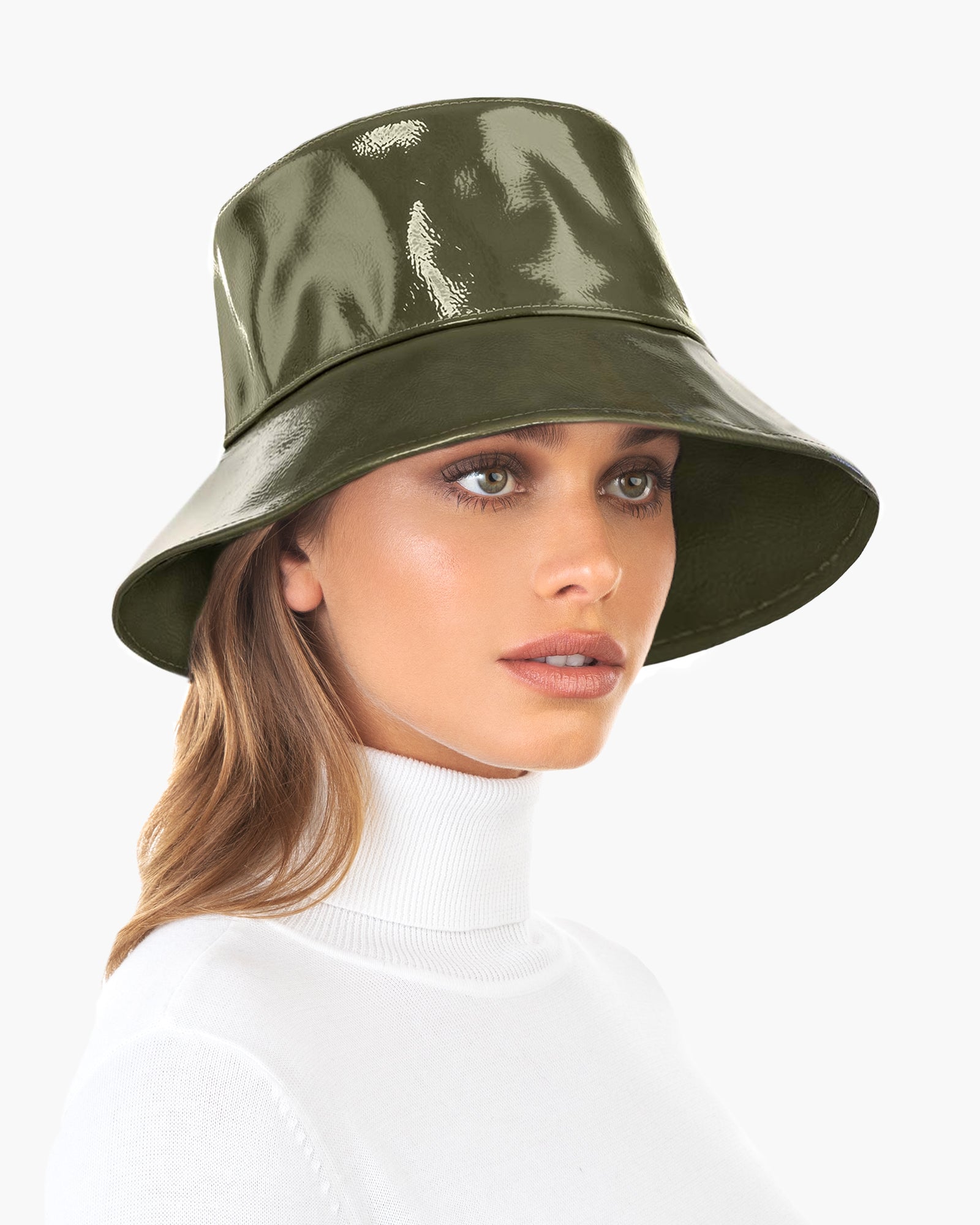Patti Bucket Hat for Women - Olive, Patent Vinyl, Water-Repellent, Made in USA