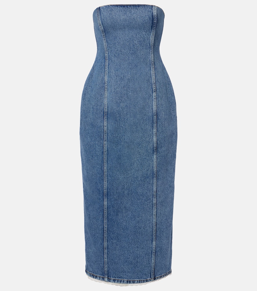 Crochet-trimmed denim midi dress