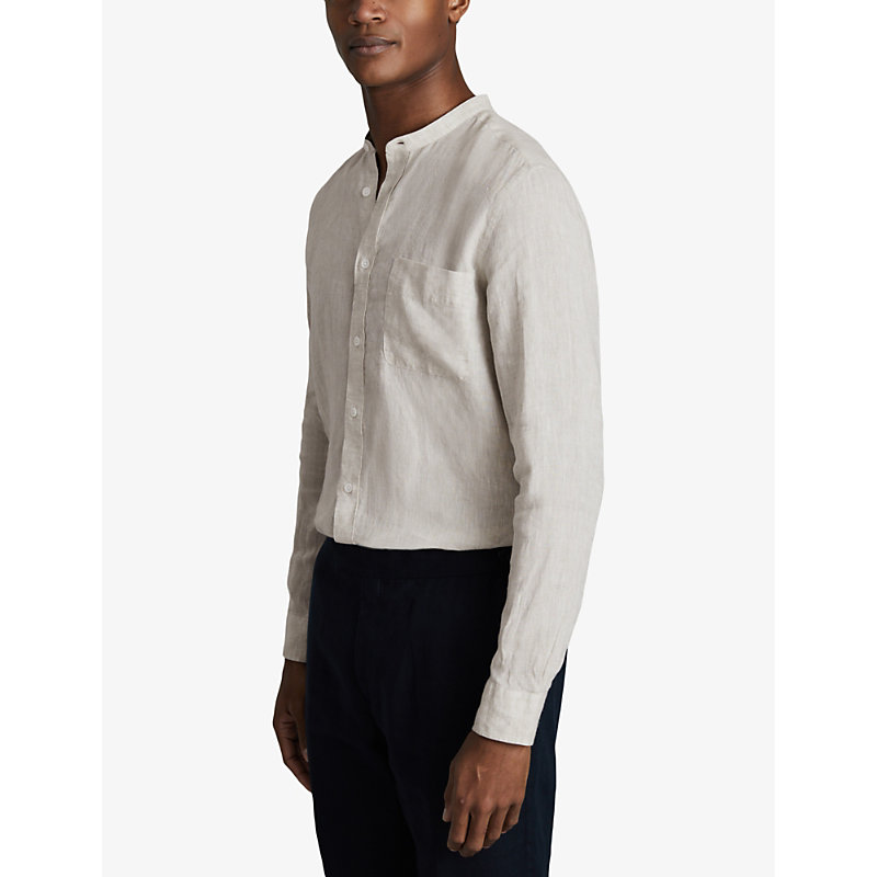 Mens Stone Ocean Grandad-collar Striped Linen Shirt