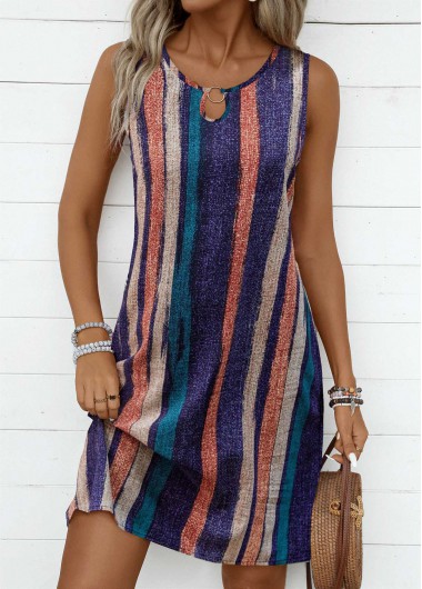 Modlily Multi Color Breathable Striped A Line Sleeveless Dre
