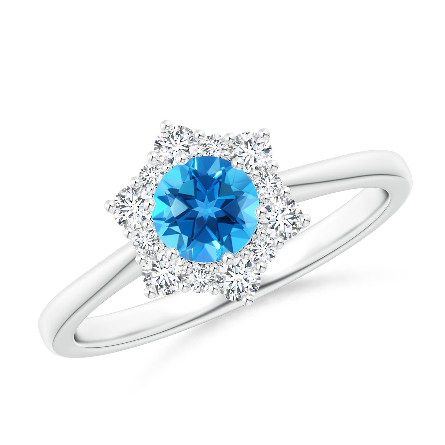 Angara 0.6 Carat Swiss Blue Topaz and Diamond Floral Halo Engagement Ring in Platinum