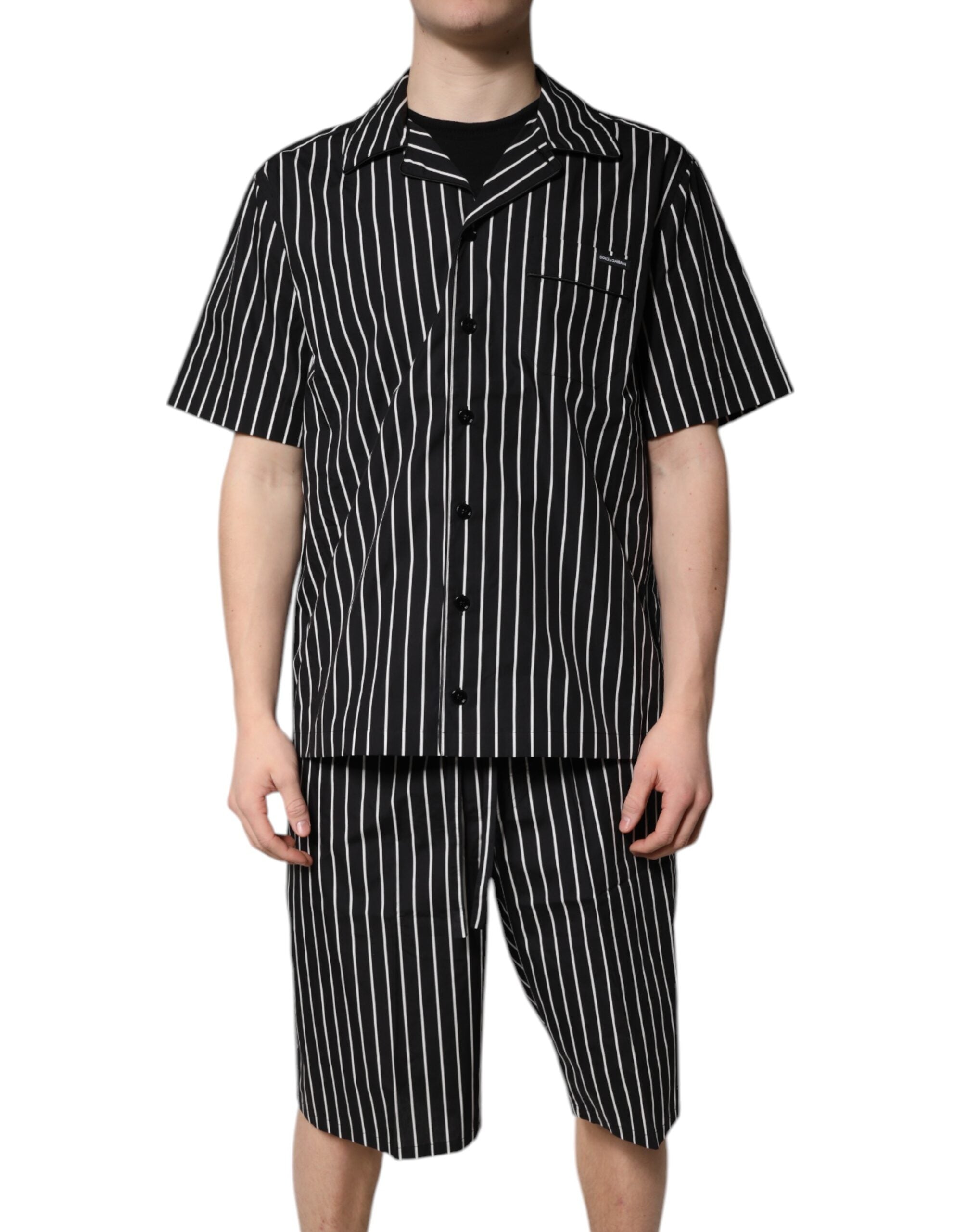 Striped Cotton Pajama Shirt — Black