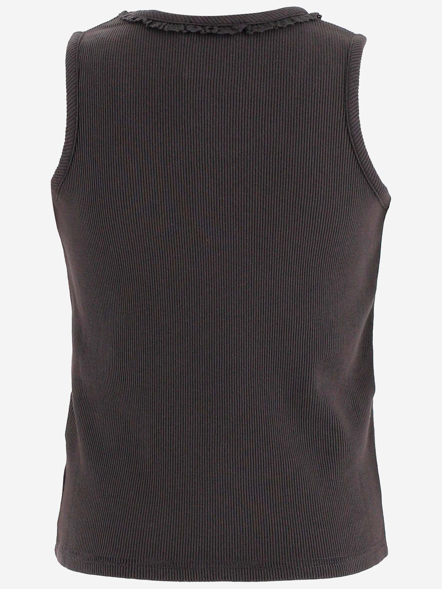 Ribbed Cotton with Ruffled Neckline Tank Top — Brown