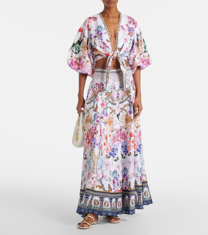 Crystal-embellished linen maxi skirt