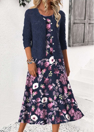 Modlily Navy Tummy Coverage Floral Print Dress and Cardigan