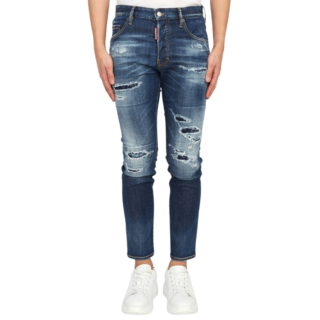 Dsquared2 Mens Skater Jean Destroyed Reinforced Denim Blue Jeans Cotton - 32 Waist