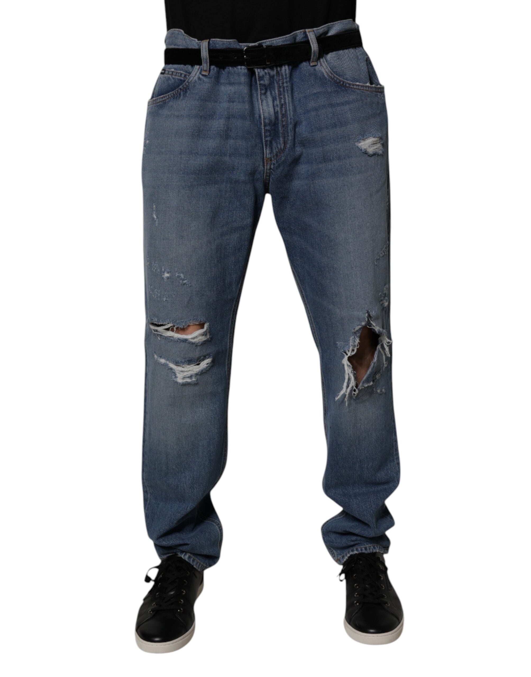 Tattered Cotton-Lyocell Jeans — Blue