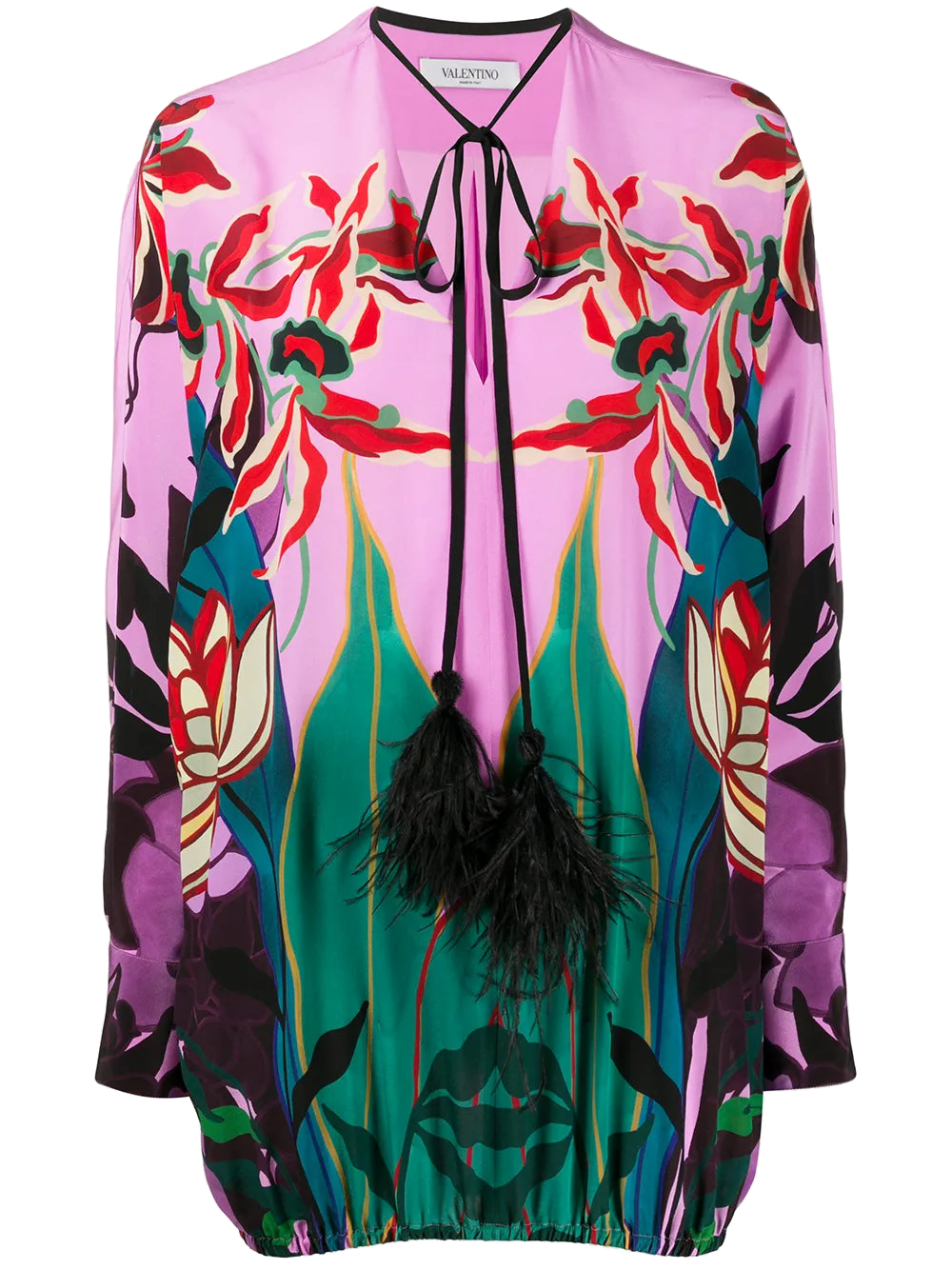 Feather-Embellished Floral Print Blouse — Pink