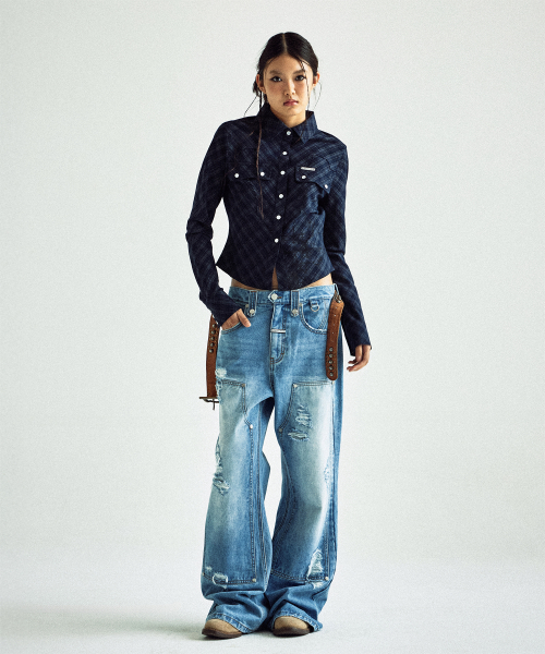 PAINTING CROP CHECK SHIRTS NAVY