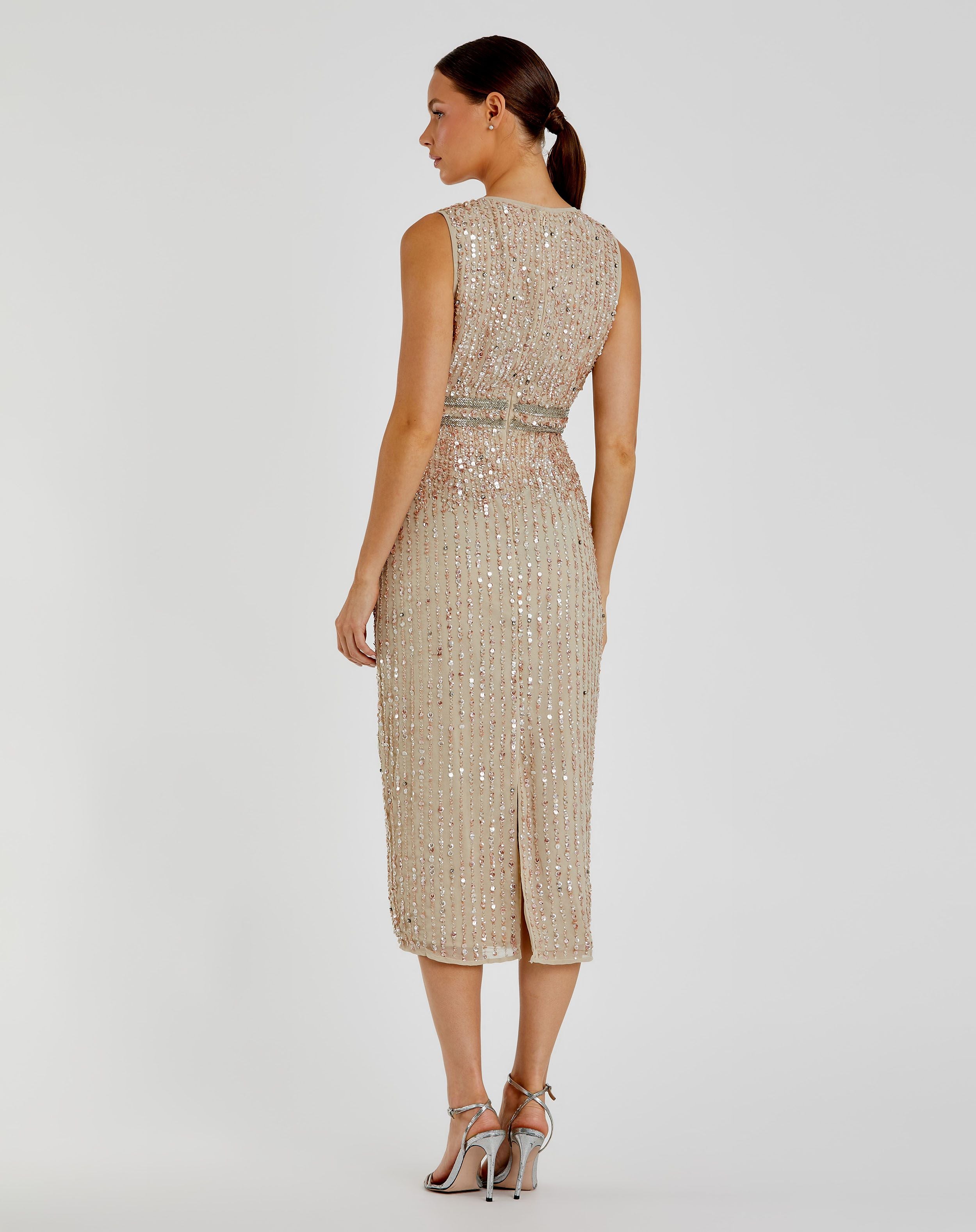 Sand Sleeveless High Neck Beaded Midi Sheath Wedding Guest Dress In