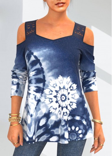 Modlily Lace Stitching Blue Tie Dye Print T Shirt