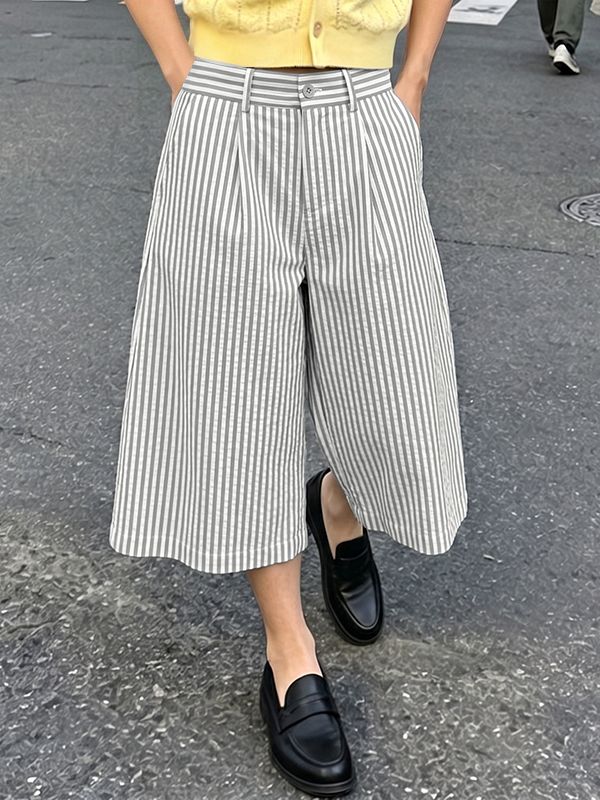 Men's Japanese Vintage Vertical Stripe High Waist Wide Leg Pant SKUL68470 - Gray / S