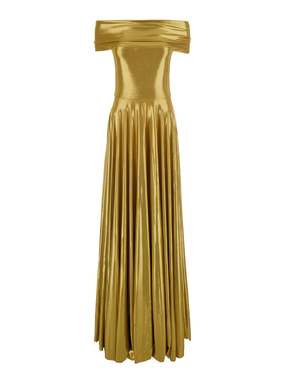 Pleated Metallic Tech Fabric Dress — Gold