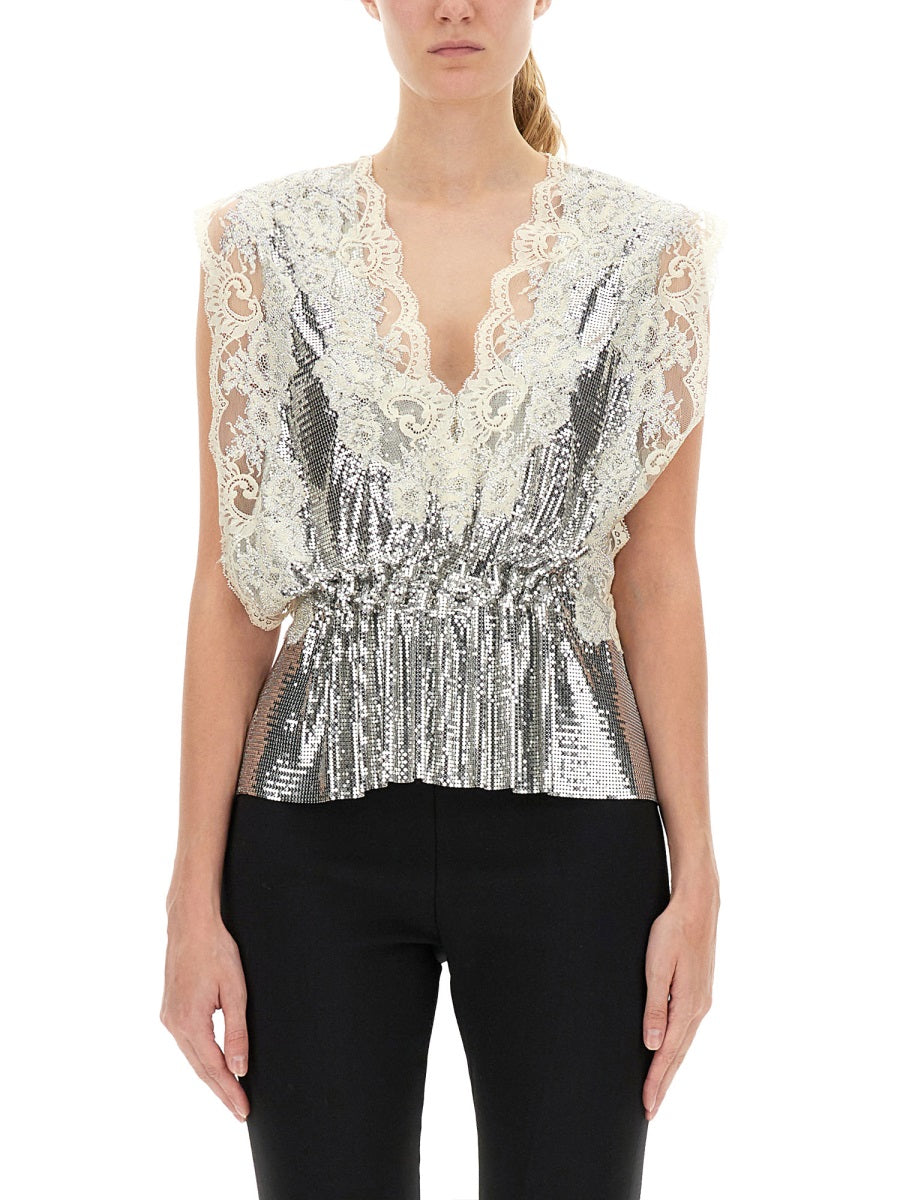 Lace-insert Mesh Gathered-waist Top