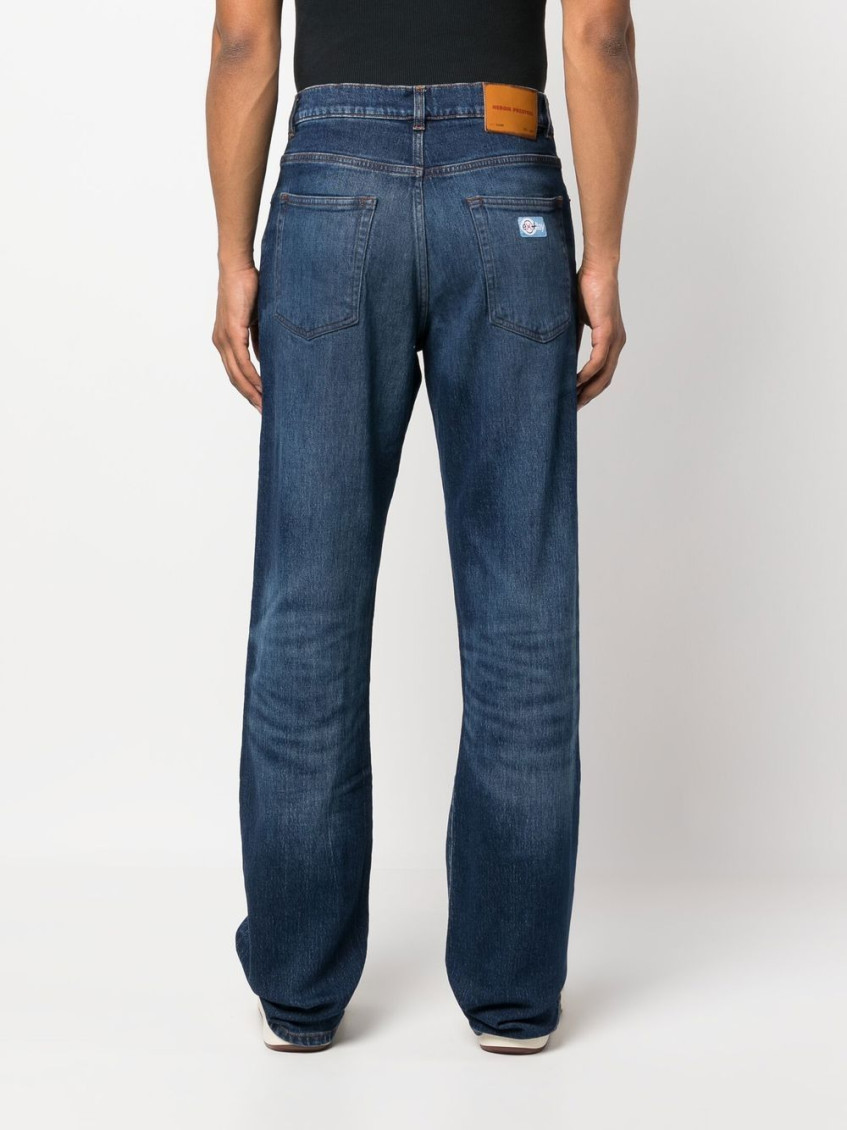 Blue Denim Straight Leg Jeans With Logo Patch In Cotton Man