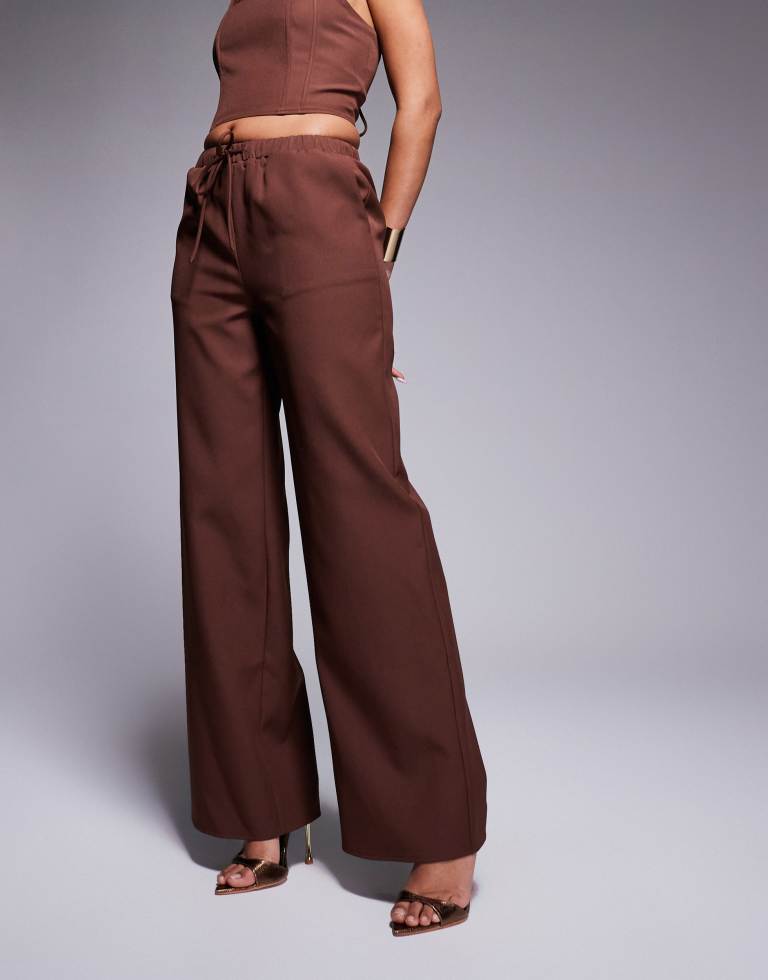 Kaiia Womens exclusive drawstring waist wide leg trousers co-ord in chocolate - Brown