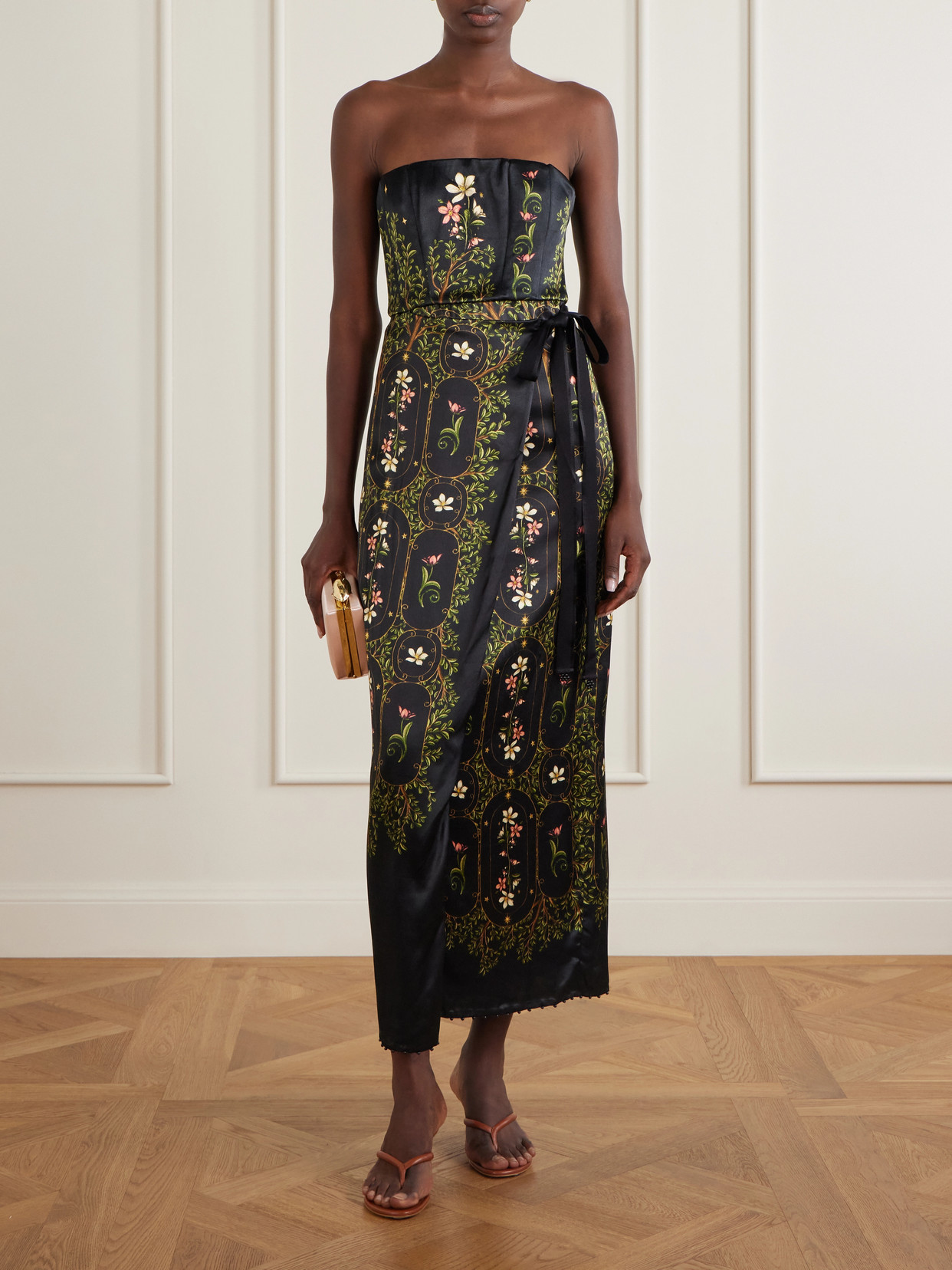 Floral-print Embellished Satin Midi Dress - Black