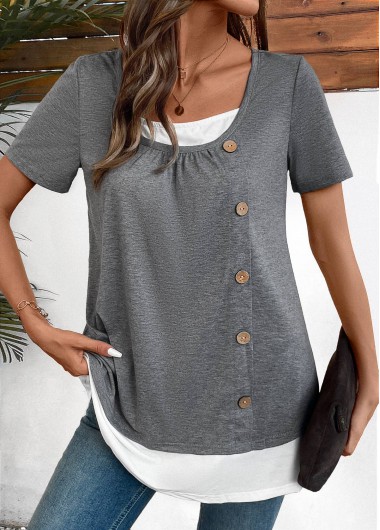 Modlily Plus Dark Grey Marl Patchwork Short Sleeve Blouse - 3X