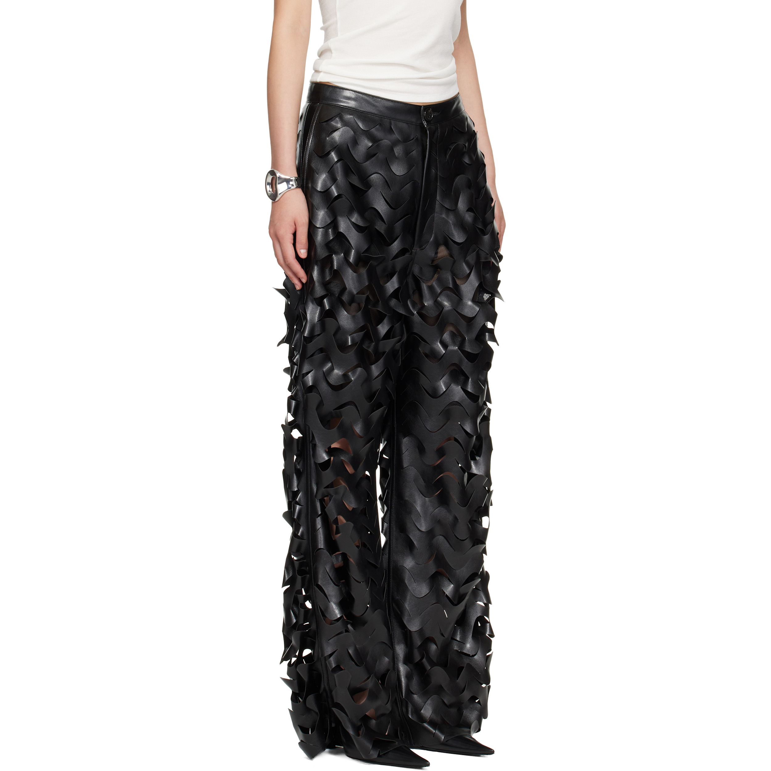 Black Laser Cut Faux-Leather Trousers