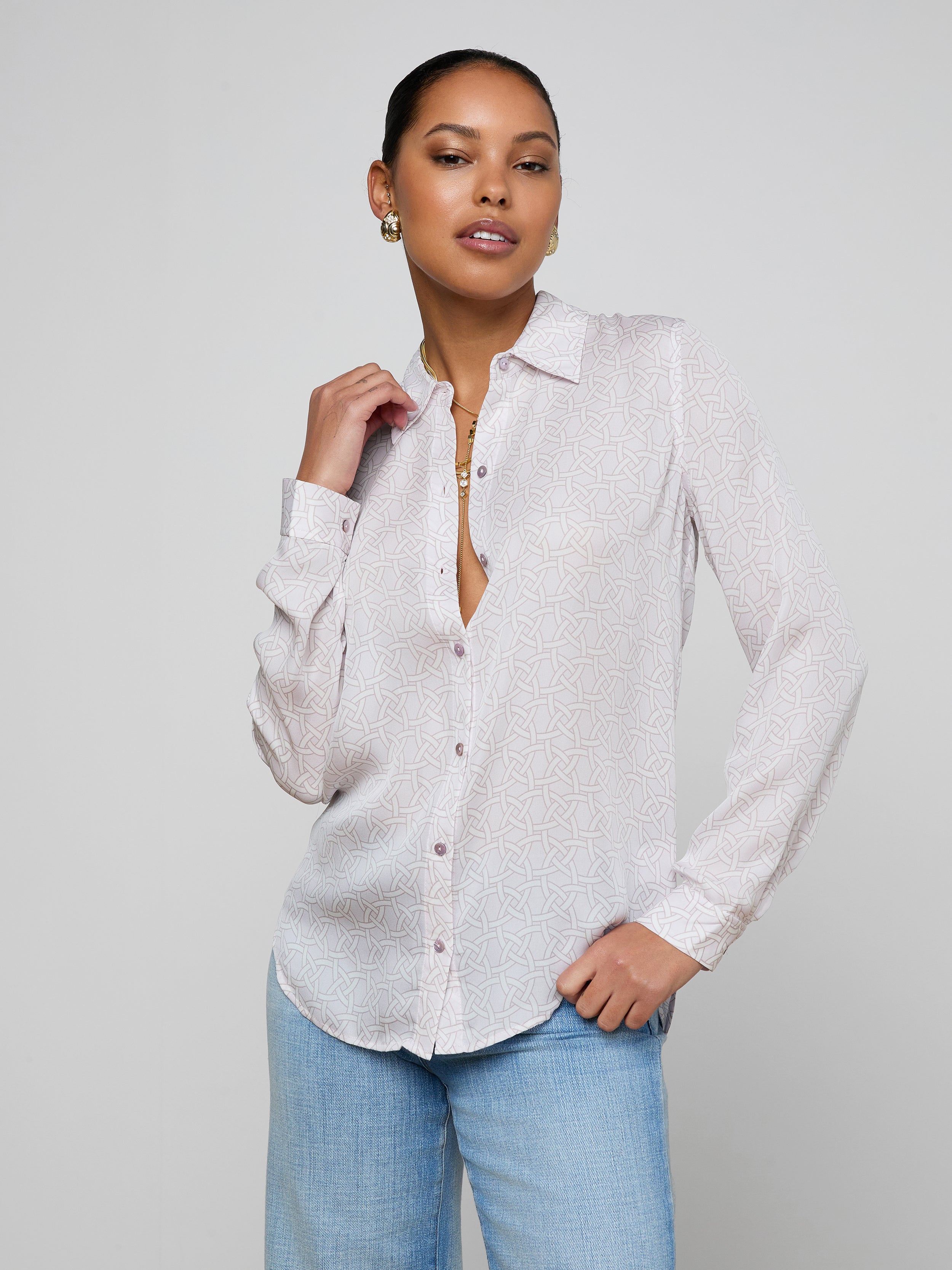 Nina Silk Blouse Top In Icy Lilac Linked Geo
