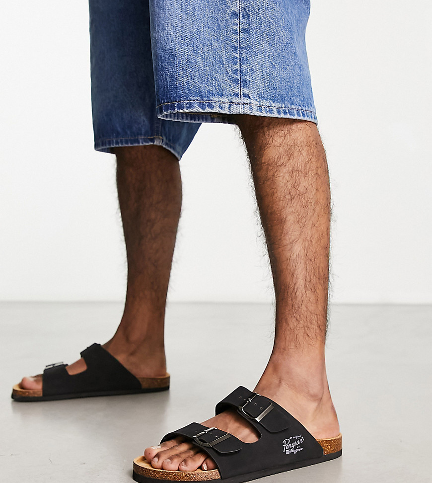 Wide fit buckle sandals in black faux leather